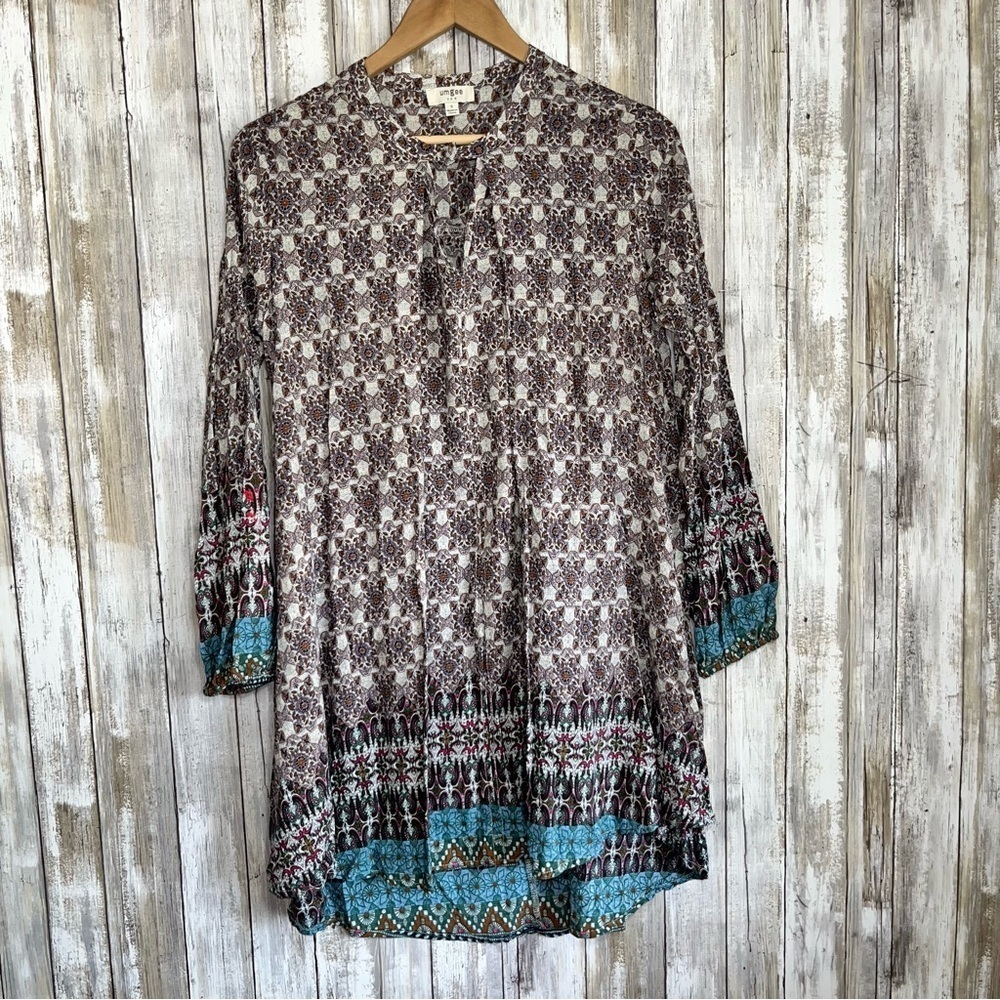 Umgee Boho Mixed Print Open Neck High Low Dress